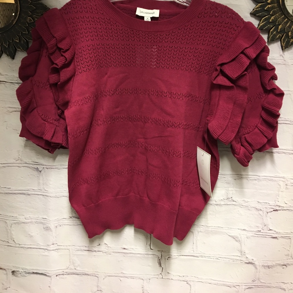 NEW Red SWEATER TOP OVERSIZED Puff Sleeves  Raspberry SZ M - Picture 11 of 11